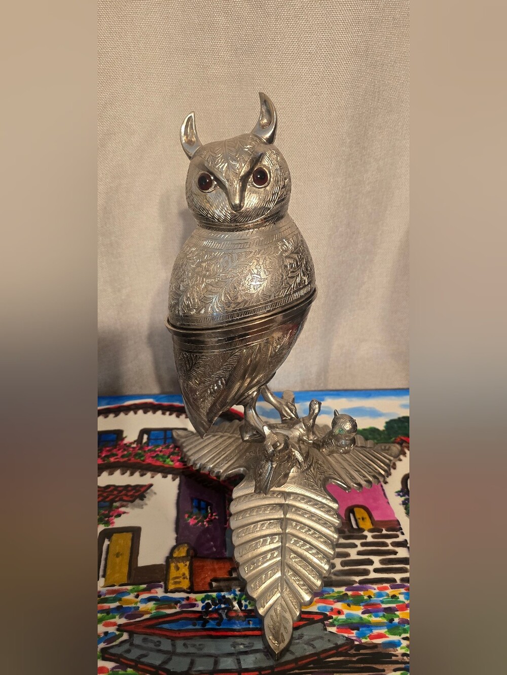 Vintage Mid-Century Fred Zimbalist Silver-Plated Owl & Owlets Figural Music Box